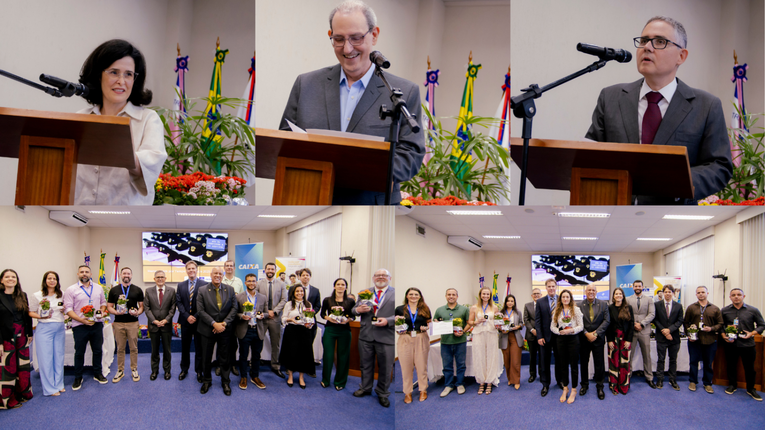 Servidores e autoridades discursam e posam com homenageados que exibem medalhas e flores em cerimônia da Justiça Federal.