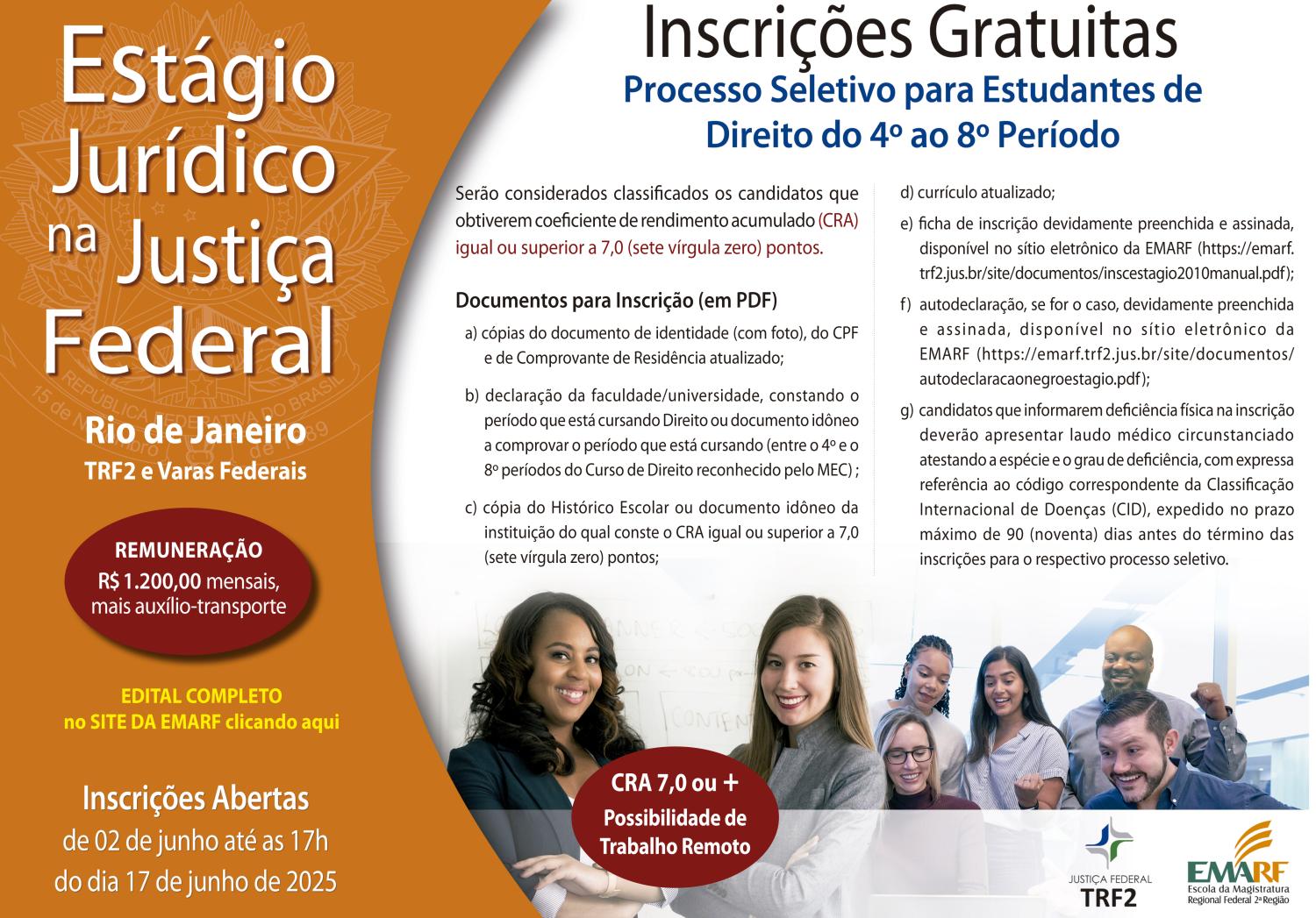 Banner das inscrições para estágio de Direito no TRF2 e na SJRJ