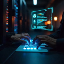 A cena mostra uma pessoa digitando em um teclado futurista que emite uma luz azul intensa. O ambiente é escuro, mas iluminado pelas luzes do teclado e pelos LEDs multicoloridos de diversos servidores ao fundo, sugerindo que o local é uma sala de servidores ou um centro de dados. Acima do teclado, flutua uma interface holográfica com ícones, perfis de usuário e textos digitais, como se estivesse sendo manipulada virtualmente. A estética geral é tecnológica e imersiva, remetendo a temas como cibersegurança, hacking ou análise de dados em tempo real.