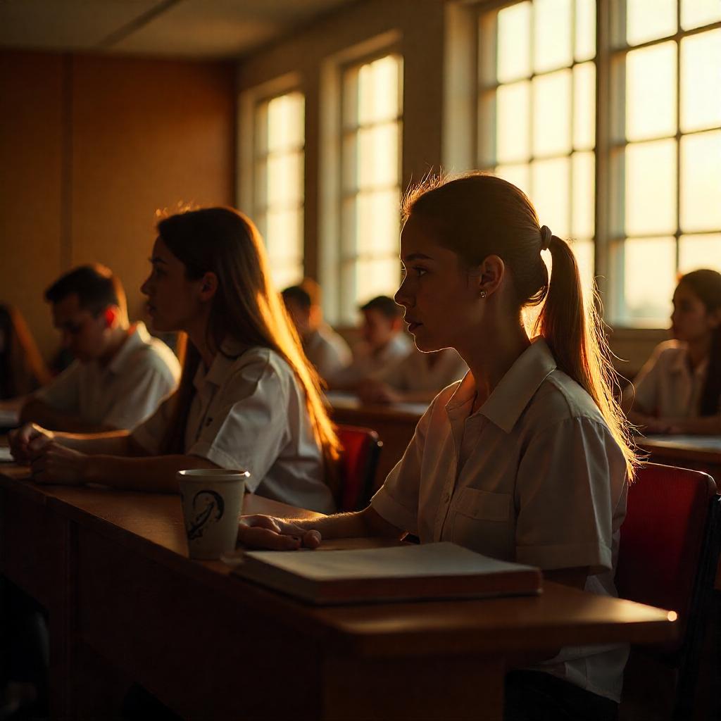 A imagem mostra uma sala de aula iluminada pela luz dourada do sol que entra por grandes janelas à esquerda. Vários estudantes estão sentados em carteiras enfileiradas, vestindo camisetas brancas. No primeiro plano, uma aluna de cabelo preso em um rabo de cavalo segura um copo com um logotipo, enquanto observa algo à frente com atenção. Em sua mesa há um caderno aberto. A cena transmite um ambiente tranquilo e concentrado, típico de um momento de aprendizado em grupo.
