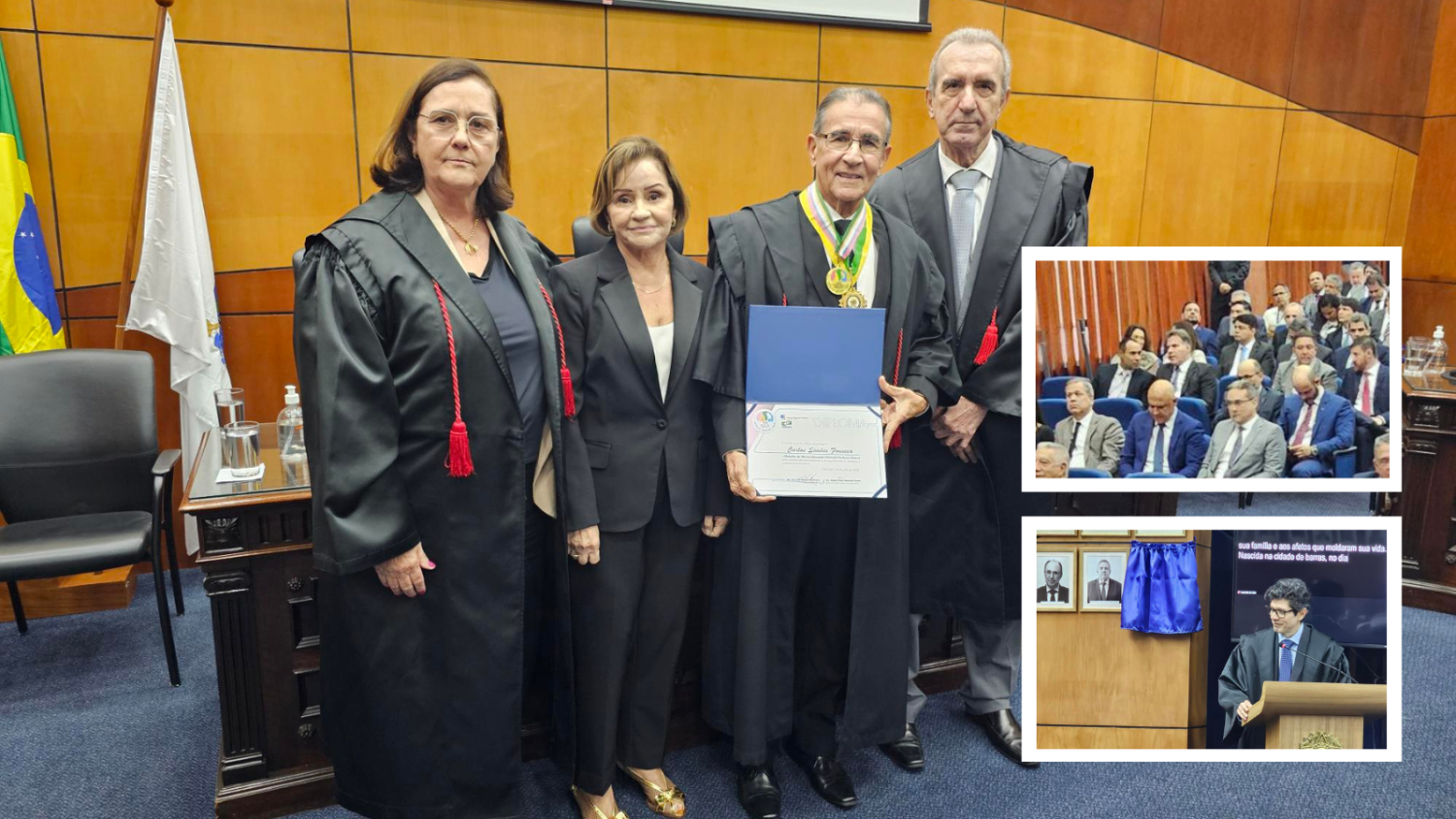 Uma foto maior e duas pequenas sobre ela. A foto maior mostra o desembargador mostrado a comenda recebida. Ao seu lado, duas desembargadoras e um desembargador. Nas fotos menores, autoridades sentadas no auditório e juiz discursando em um púlpitobuna