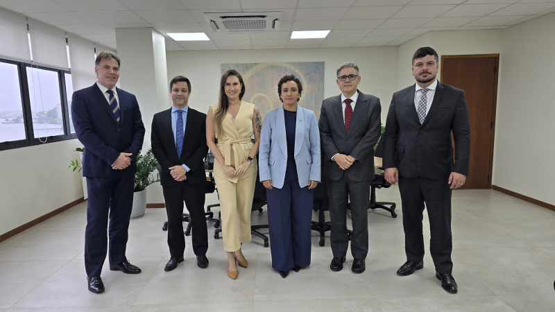 Foto posada dos participantes da reunião, de pé, sorrindo para a câmera. A presidente da OAB está de blazer azul claro e a presidente da comissão previdenciária de conjunto amarelo claro