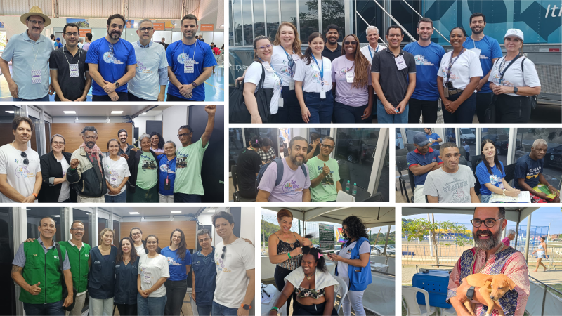 Mosaico de fotos com juízes, juízas, servidores, servidoras, cidadãos e cidadãs participando do programa