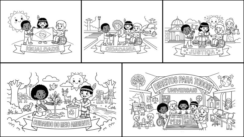 montagem com 5 desenhos para colorir, cada um com um tema: igualdade, cidadania, justiça, meio ambiente e direitos universais