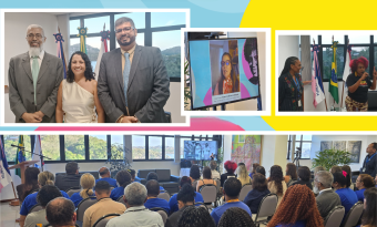 #PraTodosVerem: Montagem com fotos do evento Projeto Memória – Lélia Gonzalez, realizado na Justiça Federal do Espírito Santo. As imagens mostram os debatedores, a participação em vídeo da juíza federal Enara Olímpio Ramos Pinto, representantes da UNEGRO/ES e o público acompanhando a exibição do documentário e o debate.