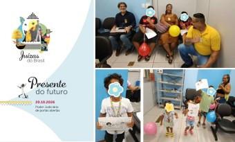 Montagem de fotos de crianças brincando com bolas coloridas e desenhos para colorir. No canto esquerdo, logomarca do projeto Presente do Futuro