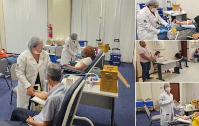 Mosaico de fotos da campanha de doação de sangue que deu início às comemorações do Mês do Servidor na JFES