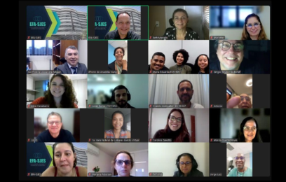 Imagem de pessoas participando do curso por videoconferência. Elas aparecem em quadradinhos separados