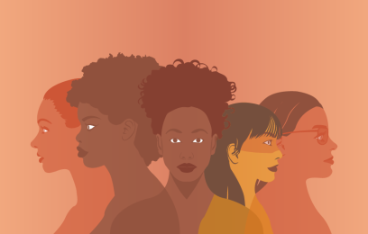 Uma ilustração com cinco mulheres de etnias diversas