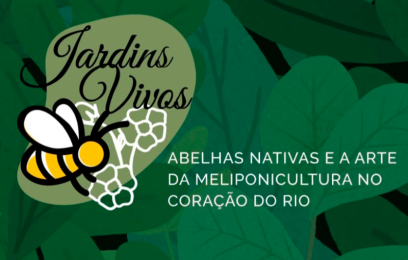 desenho ilustrativo com fundo de folhas verdes, abelha a direita e texto em letras pretas e brancas