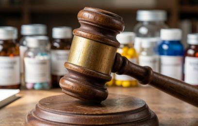 A imagem mostra um martelo de juiz de madeira repousando sobre uma base sonora, ambos colocados sobre uma superfície também de madeira. Ao fundo, há vários frascos de medicamentos com tampa laranja, alinhados em uma fileira.