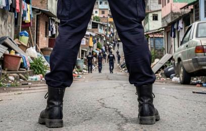 A cena mostra um grupo de policiais caminhando por uma rua estreita. O ponto de vista é de trás de um dos agentes em primeiro plano, destacando suas botas e pernas. Mais à frente, outros agentes aparecem distribuídos pela rua. O ambiente ao redor inclui casas pequenas e próximas umas das outras, roupas penduradas em varais, lixo espalhado pelo chão e um carro estacionado. O cenário transmite a ideia de uma operação policial em uma comunidade.