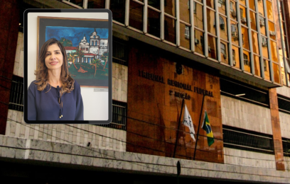 Fachada da sede do TRF2, com retrato da juíza federal Eloá Alves Ferreira sobreposto no canto superior esquerdo