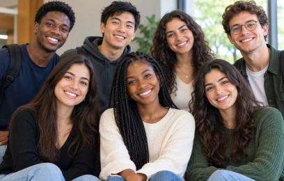 seis jovens sentados, de diferentes raças