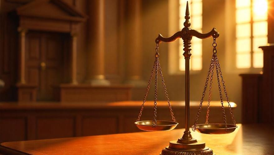 Descrição da imagem para acessibilidade: A imagem mostra o interior de um tribunal iluminado pela luz quente do sol. Em destaque no primeiro plano, há uma balança dourada da justiça posicionada sobre uma superfície de madeira polida — possivelmente a bancada do juiz ou o local destinado à testemunha. Ao fundo, vê-se colunas altas, janelas em arco por onde entra a luz natural, e uma estrutura de madeira que lembra o púlpito do juiz, com um relógio montado acima.